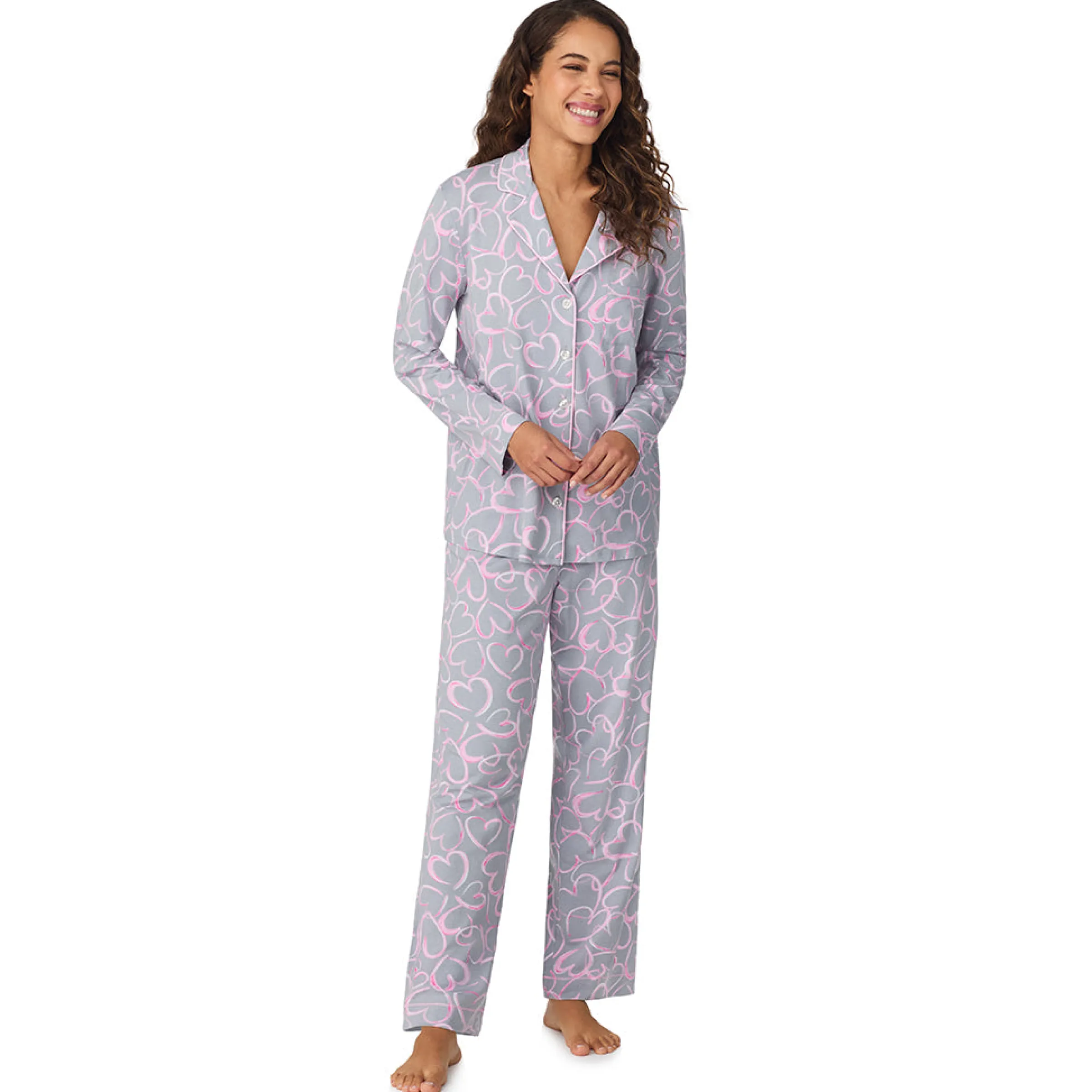 Clearance Cotton-Blend Long Sleeve Notch Collar 2-Pc Pajama Set Women Long Sleeves|Sleepwear