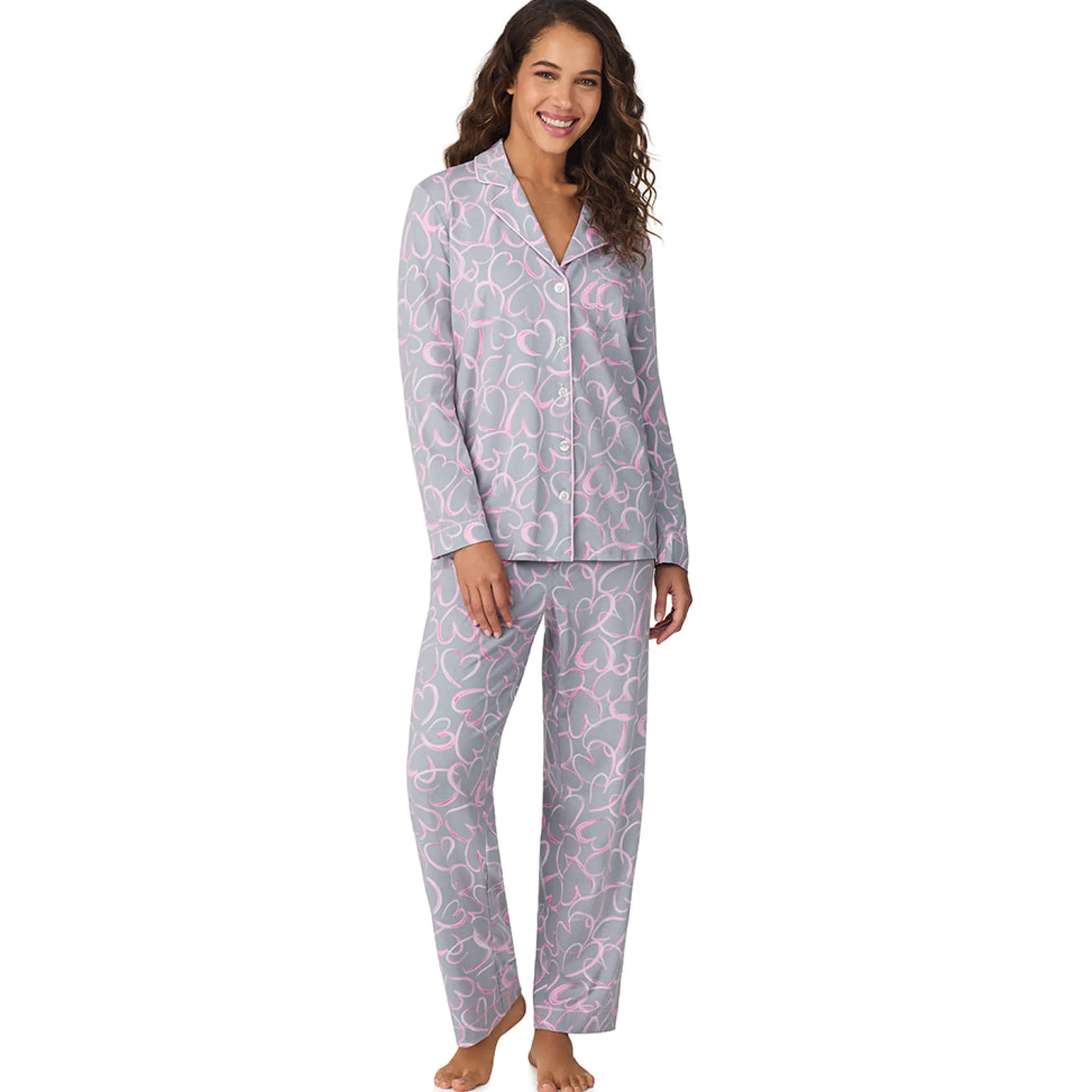 Clearance Cotton-Blend Long Sleeve Notch Collar 2-Pc Pajama Set Women Long Sleeves|Sleepwear