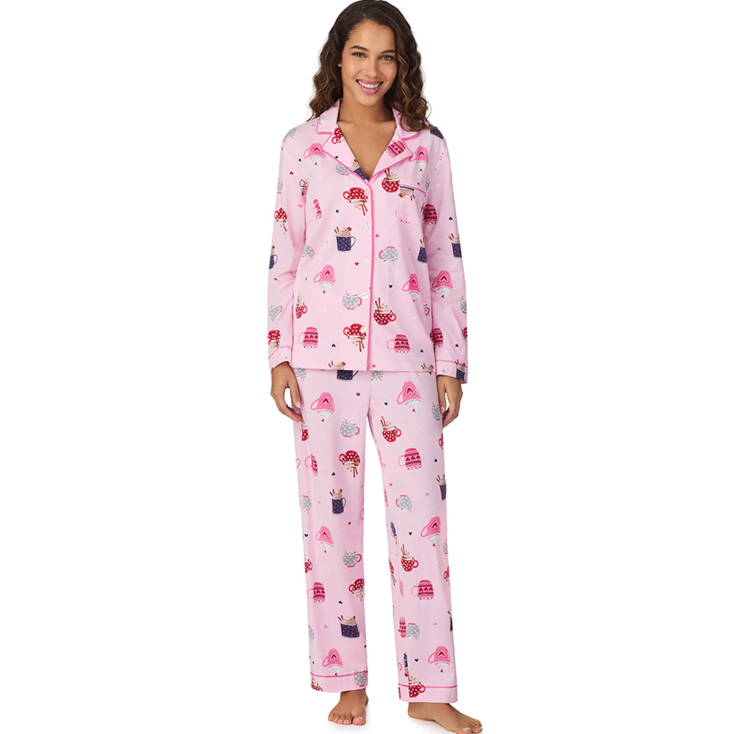 Clearance Cotton-Blend Long Sleeve Notch Collar 2-Pc Pajama Set Women Long Sleeves|Sleepwear