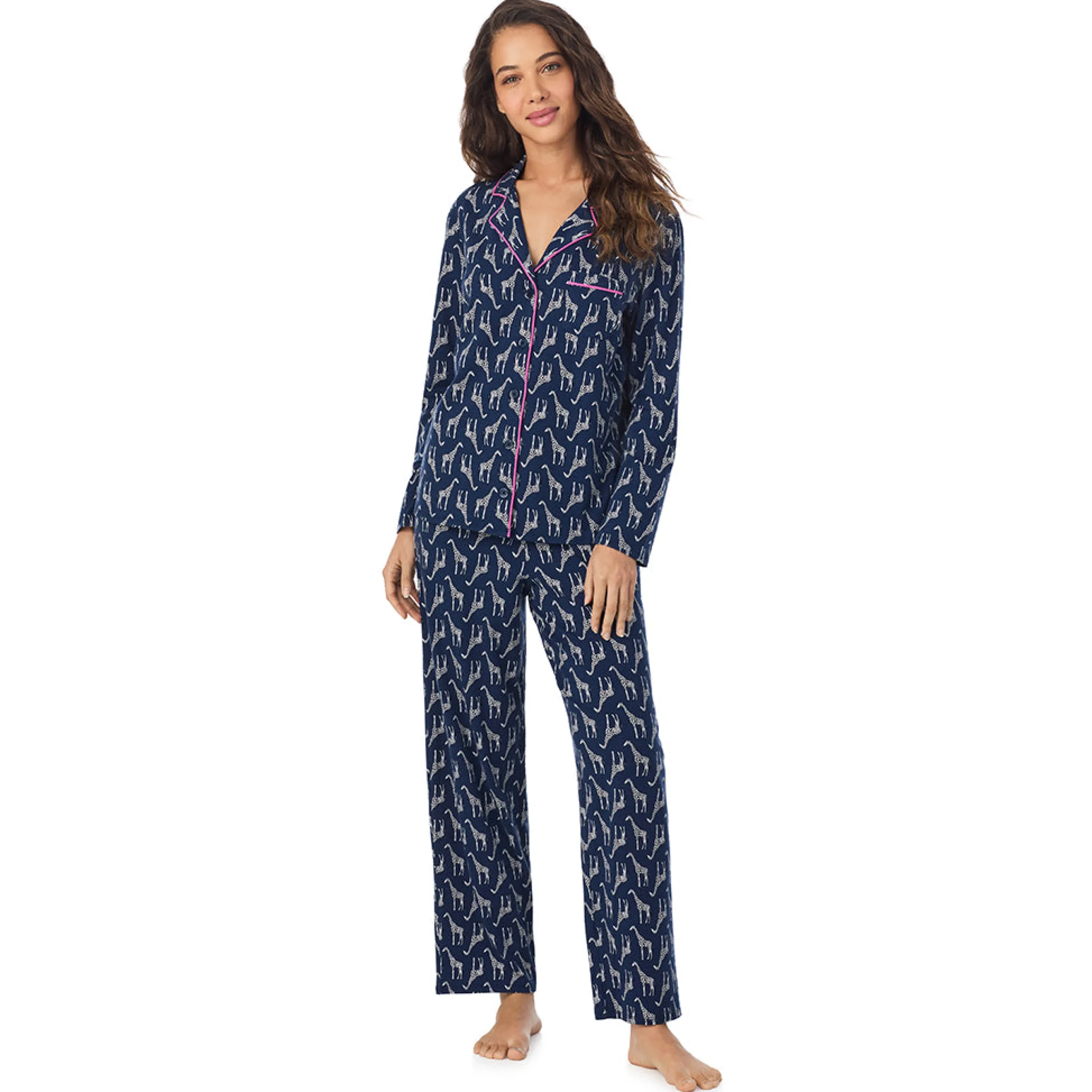 Clearance Cotton-Blend Long Sleeve Notch Collar 2-Pc Pajama Set Women Long Sleeves|Sleepwear