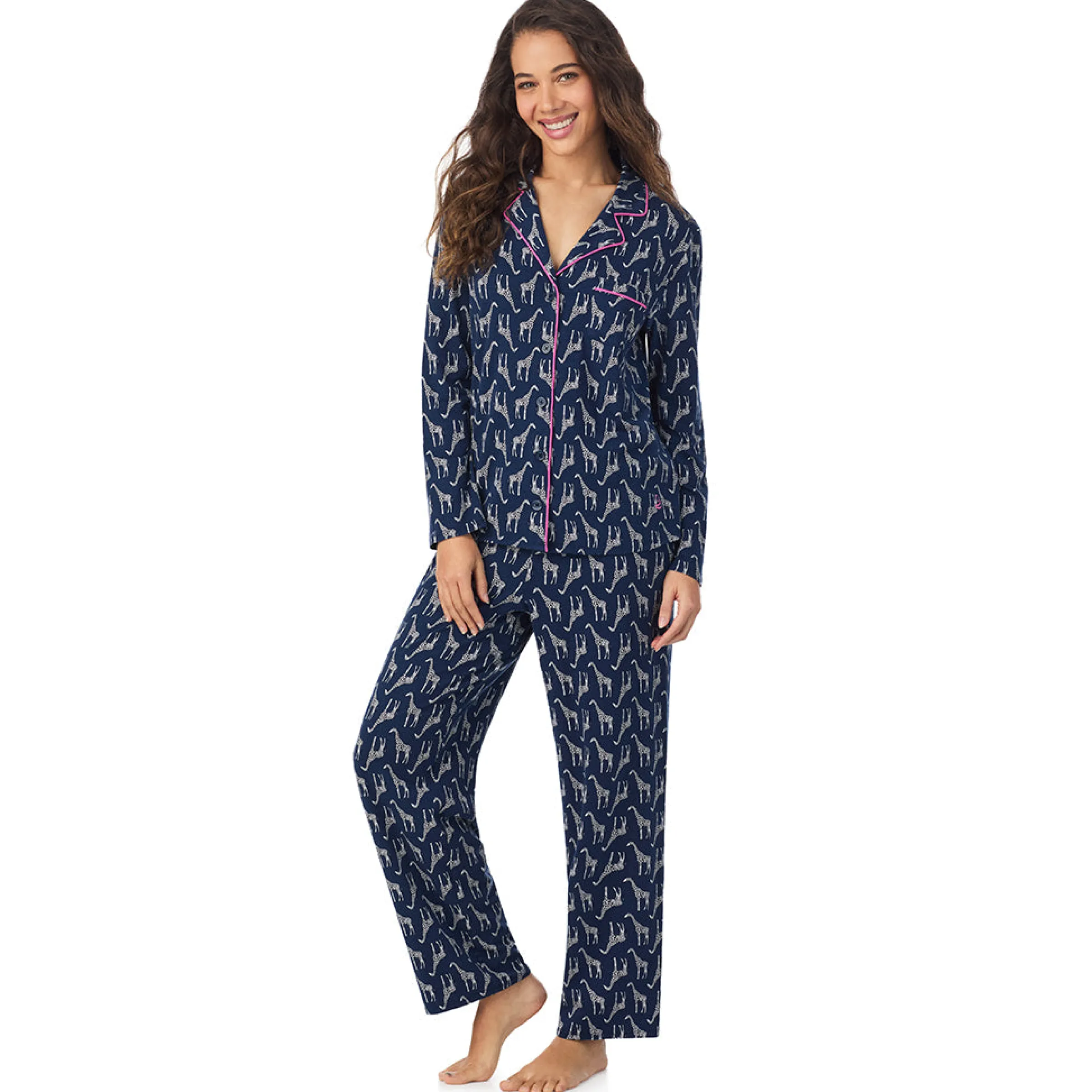 Clearance Cotton-Blend Long Sleeve Notch Collar 2-Pc Pajama Set Women Long Sleeves|Sleepwear