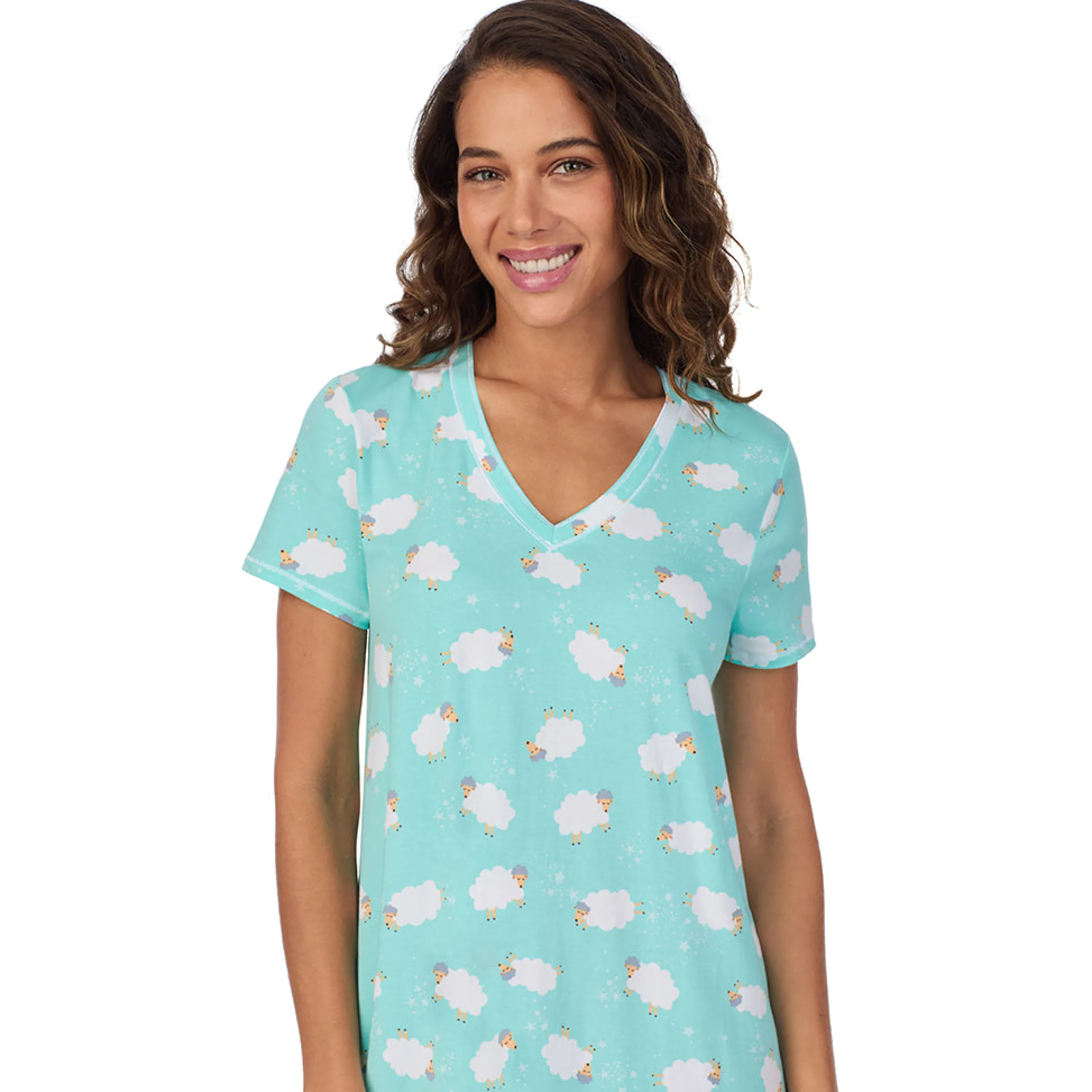 Cotton-Blend Short Sleeve V-Neck Sleep Shirt Women Sleepwear