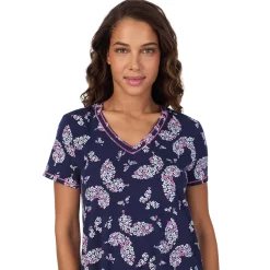 Cotton-Blend Short Sleeve V-Neck Sleep Shirt Women Sleepwear