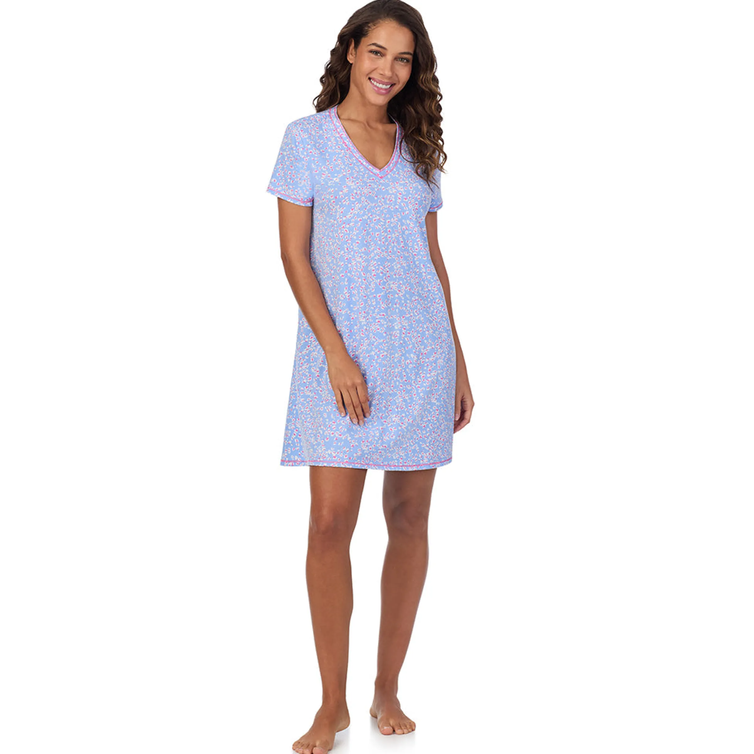 Cotton-Blend Short Sleeve V-Neck Sleep Shirt Women Sleepwear