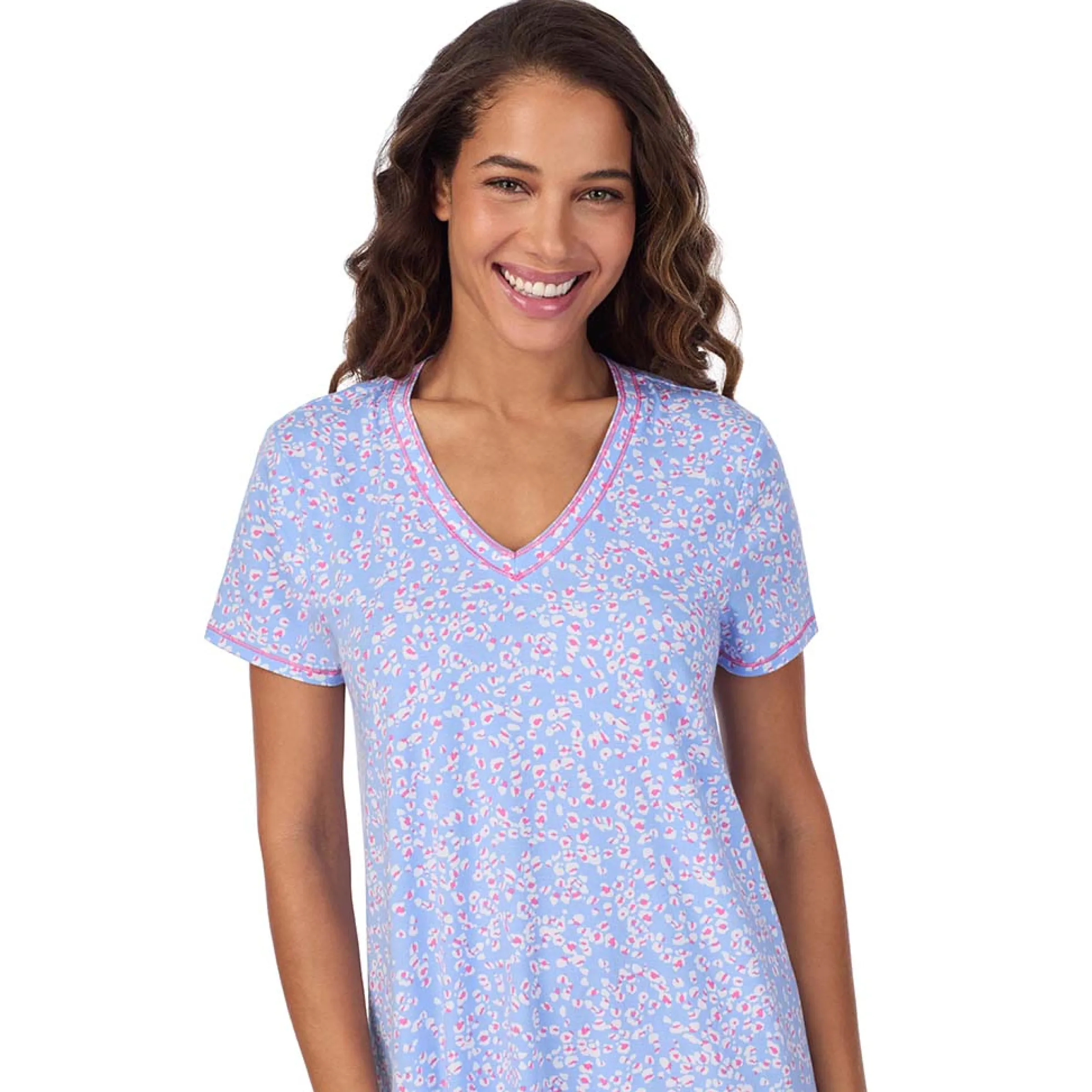 Cotton-Blend Short Sleeve V-Neck Sleep Shirt Women Sleepwear