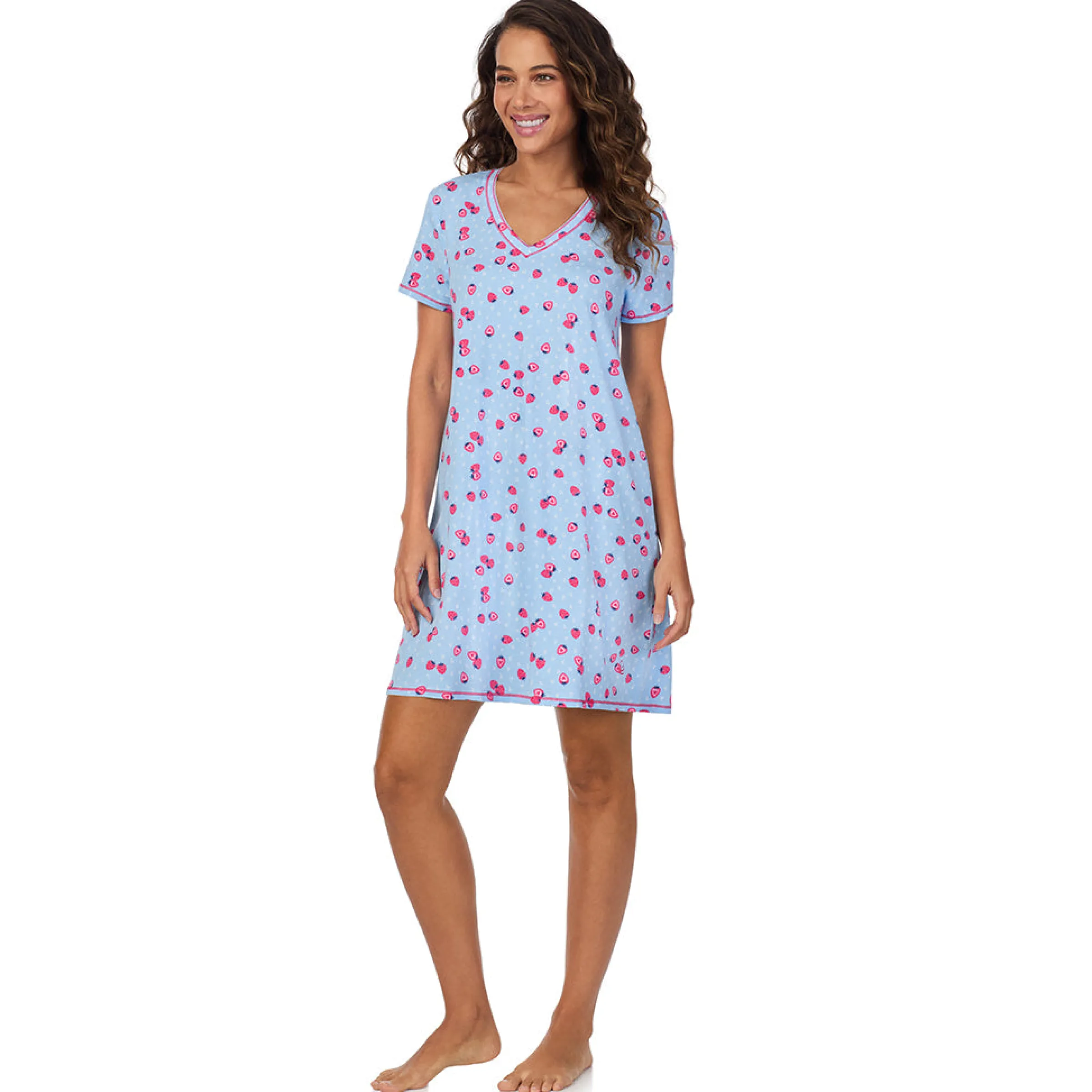 Cotton-Blend Short Sleeve V-Neck Sleep Shirt Women Sleepwear