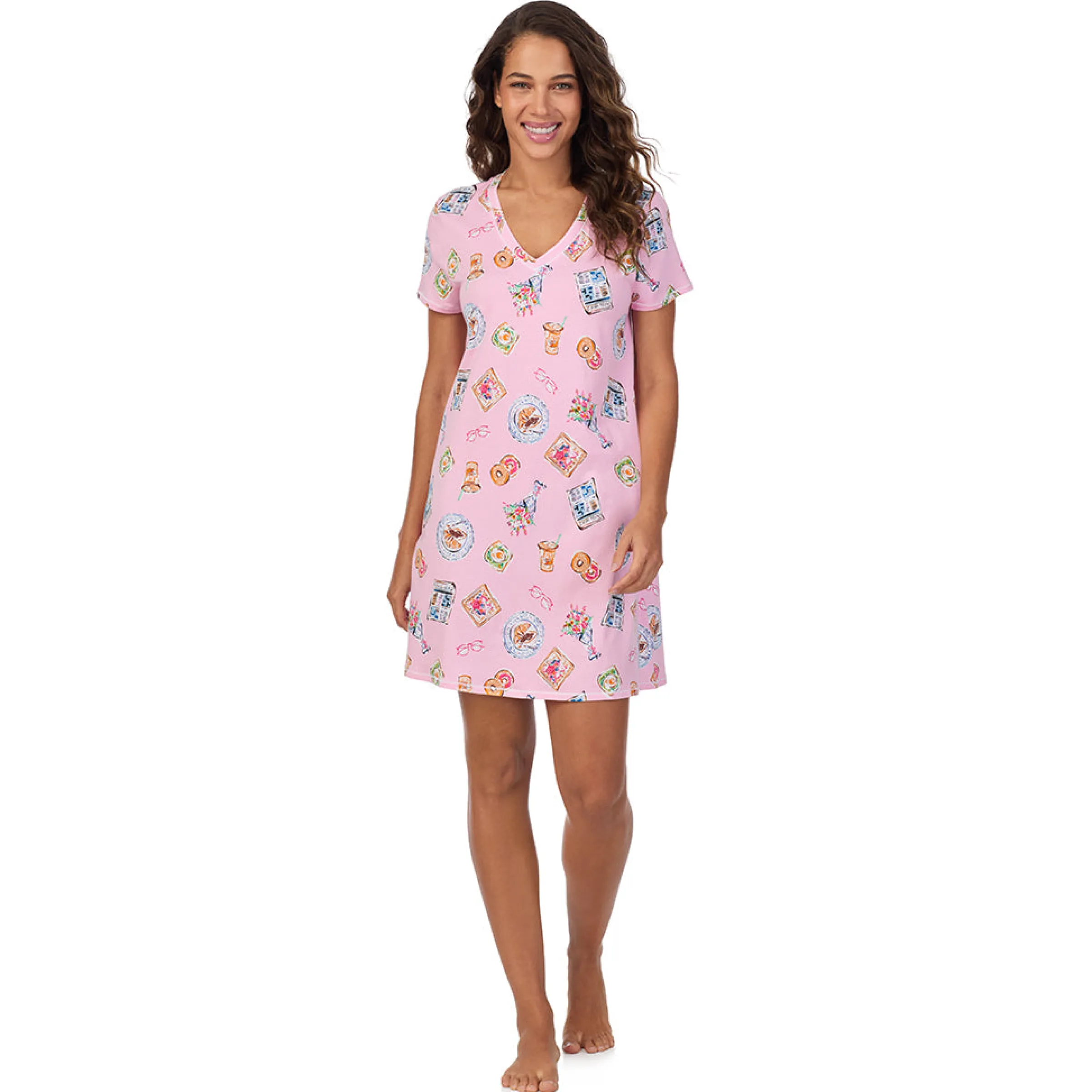 Cotton-Blend Short Sleeve V-Neck Sleep Shirt Women Sleepwear