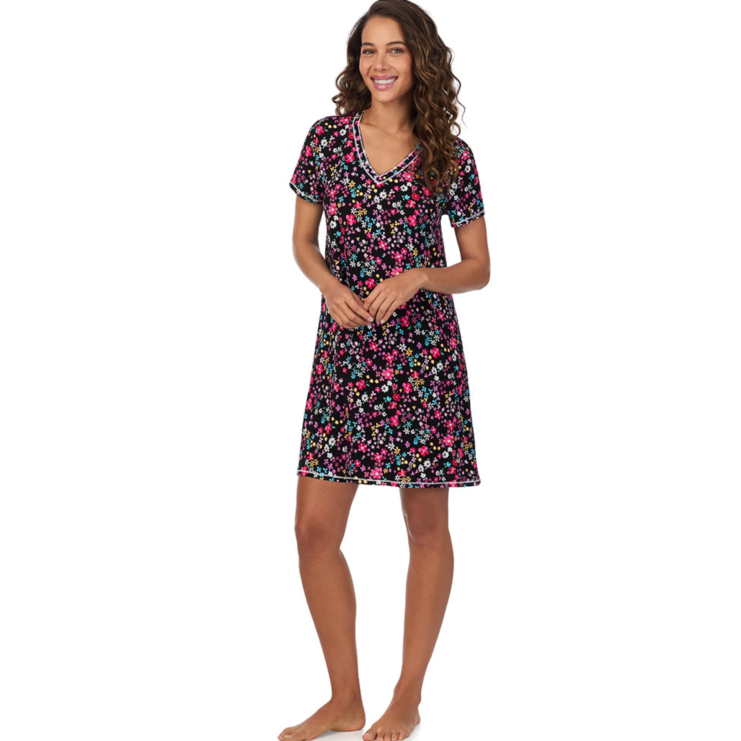 Cotton-Blend Short Sleeve V-Neck Sleep Shirt Women Sleepwear