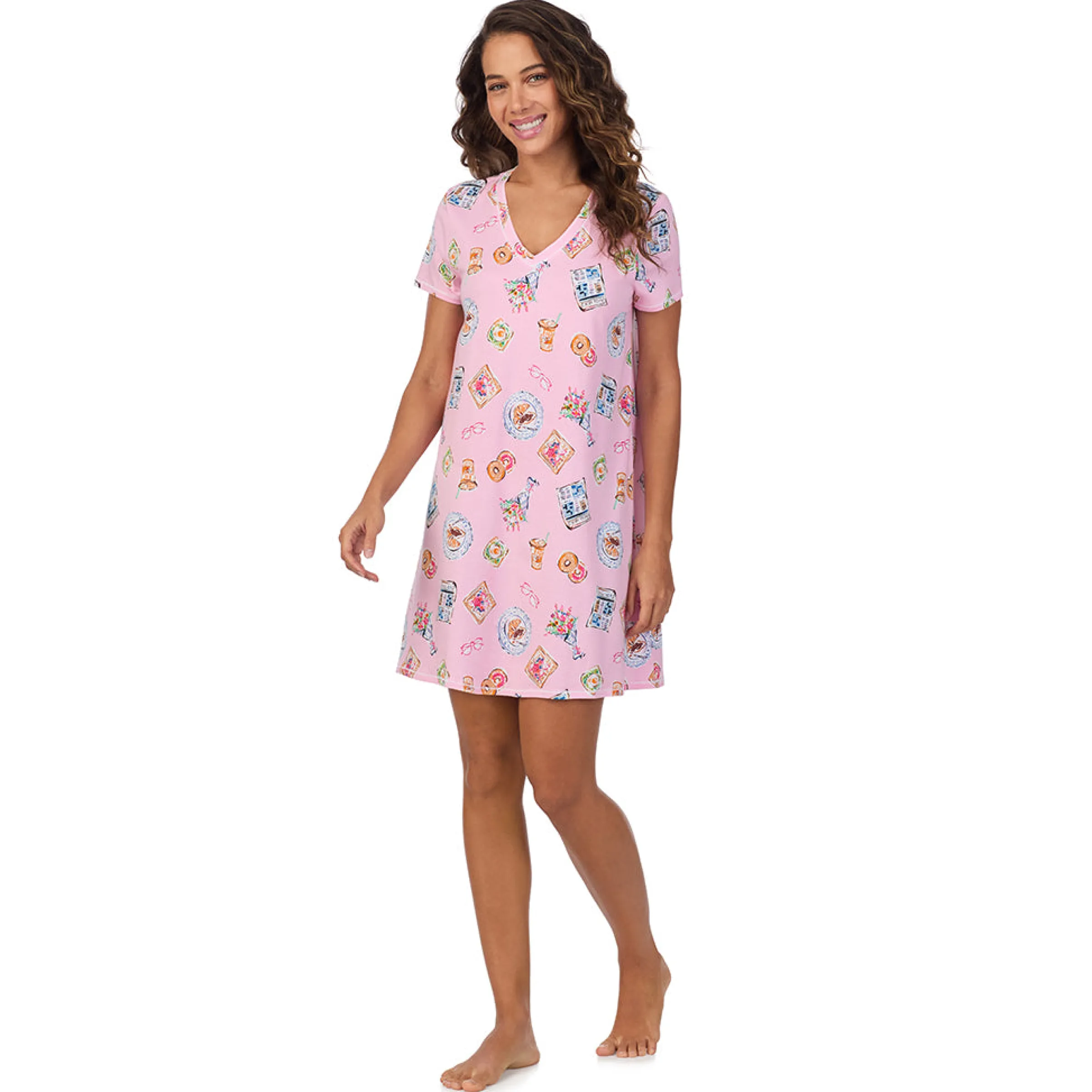 Cotton-Blend Short Sleeve V-Neck Sleep Shirt Women Sleepwear