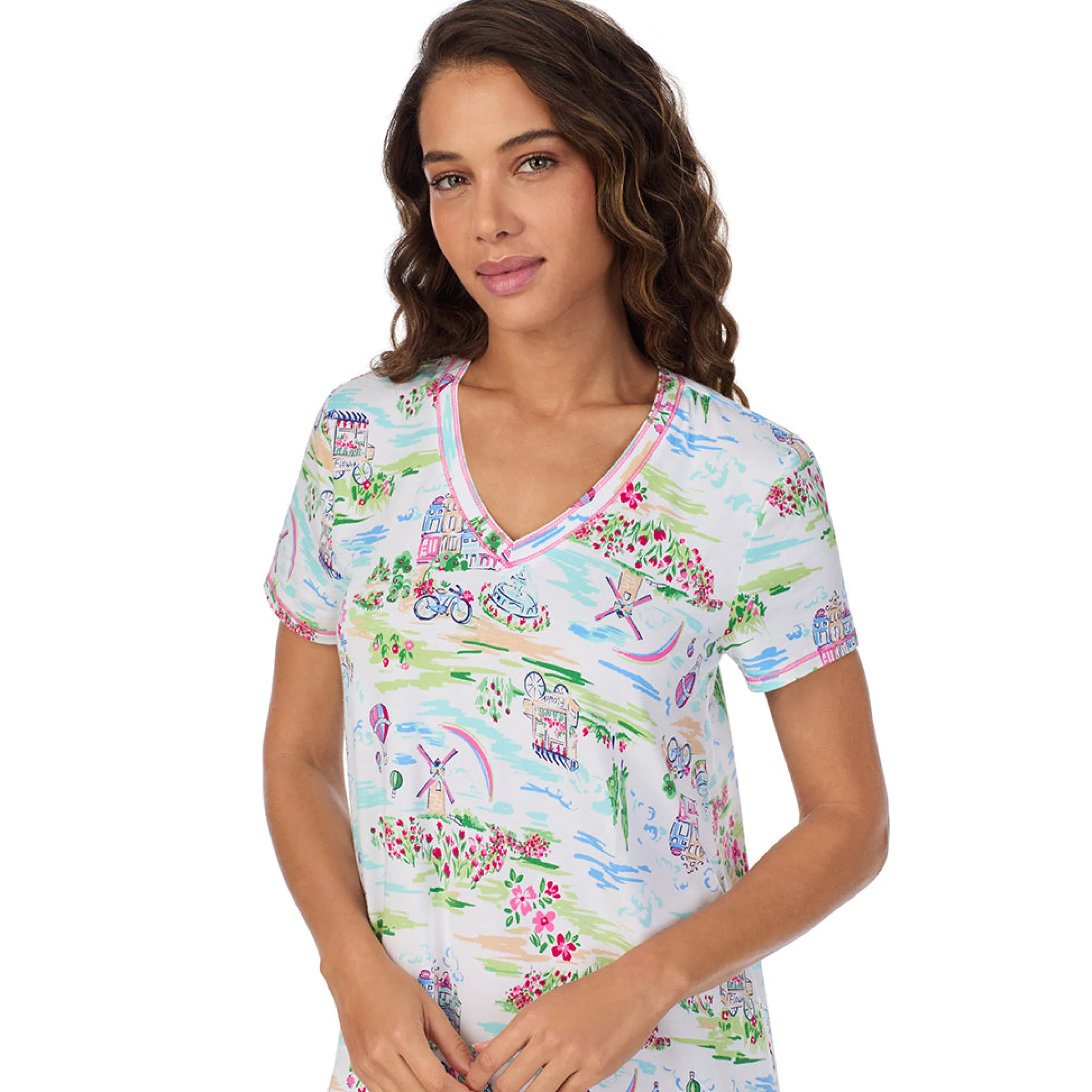 Cotton-Blend Short Sleeve V-Neck Sleep Shirt Women Sleepwear