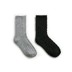 New Flecked Pucker Chain Cable/Solid Rib Crew Sock 2-Pack Women Socks|Women's Accessories